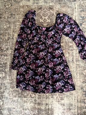 Francesca's Collections Black Floral Mini Dress with Purple Accents